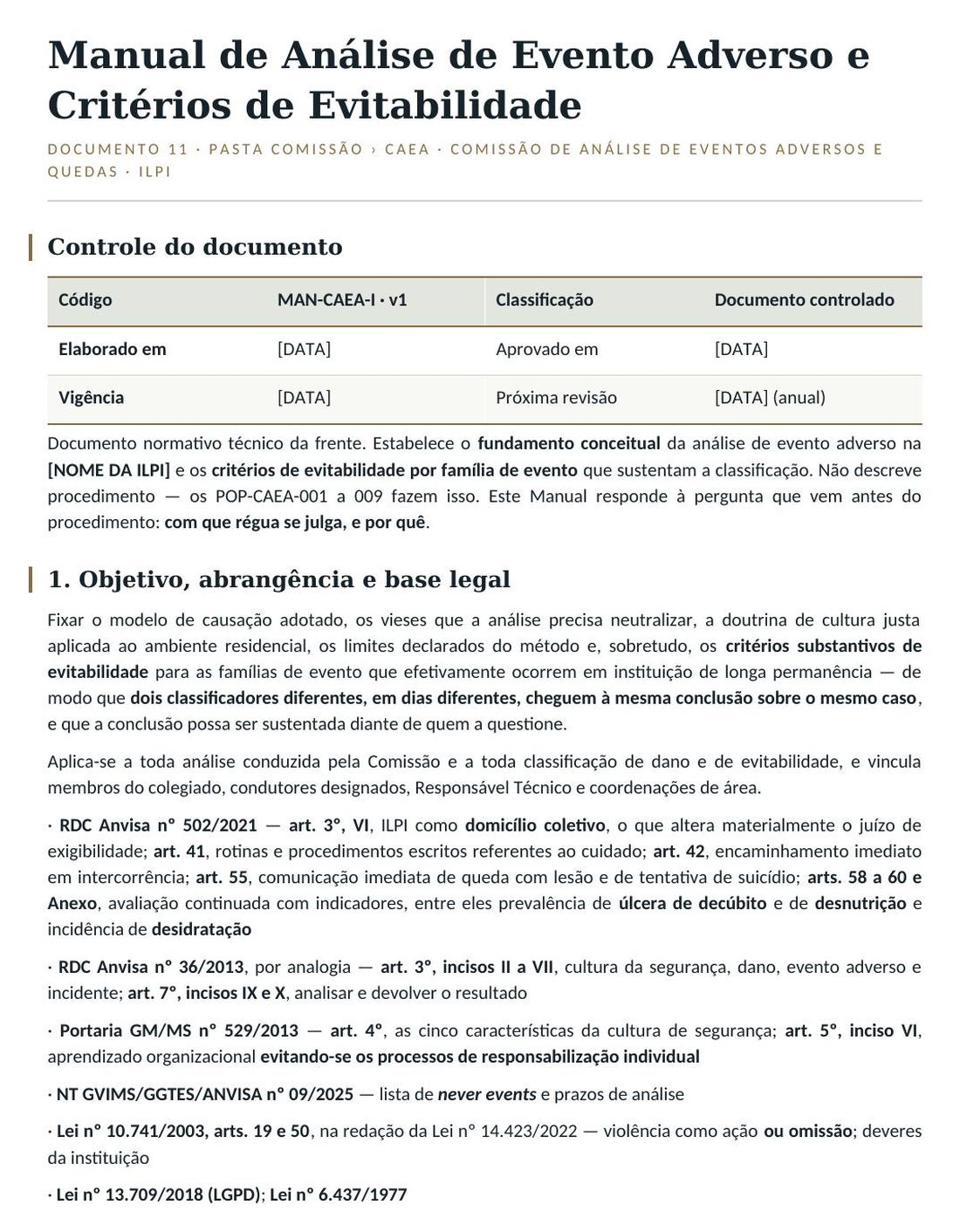 Primeira página de um manual, com tabela de controle do documento e base legal citada por artigo